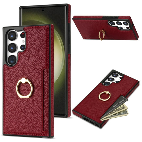 Ring Card Litchi Leather Back Phone Case for Samsung Galaxy S23 Ultra 5G - Red