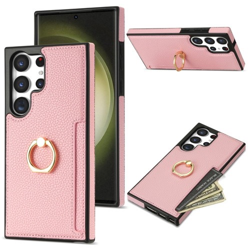 Ring Card Litchi Leather Back Phone Case for Samsung Galaxy S23 Ultra 5G - Pink