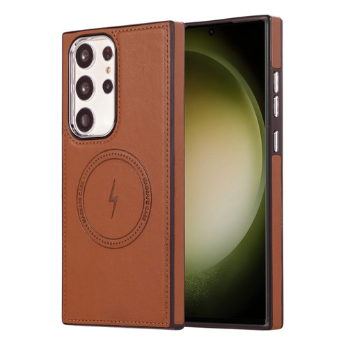 Side Leather Magsafe Phone Case for Samsung Galaxy S23 Ultra 5G - Brown