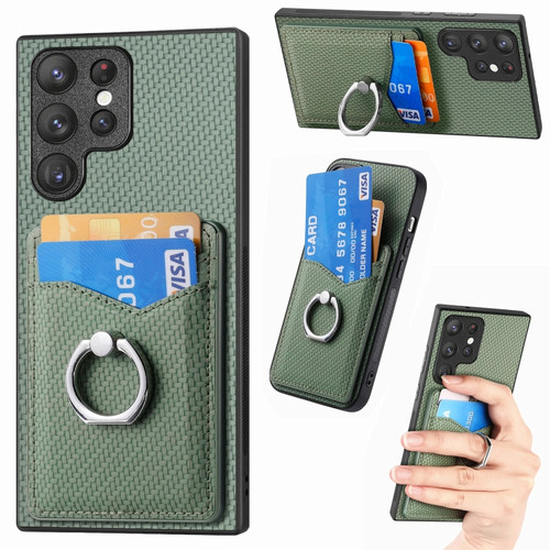 Carbon Fiber Card Wallet Ring Holder Phone Case for Samsung Galaxy S23 Ultra 5G - Green