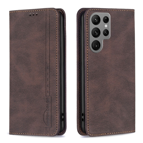 Magnetic RFID Blocking Anti-Theft Leather Phone Case for Samsung Galaxy S23 Ultra 5G - Brown