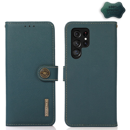 KHAZNEH Custer Genuine Leather RFID Phone Case for Samsung Galaxy S23 Ultra 5G - Green