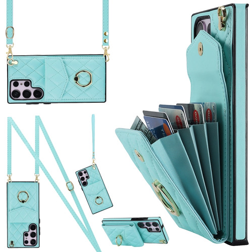 Rhombic Texture Card Bag Phone Case with Long Lanyard for Samsung Galaxy S23 Ultra 5G - Mint Green