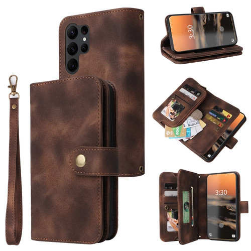 Multifunctional Card Slot Zipper Wallet Leather Phone Case for Samsung Galaxy S23 Ultra 5G - Brown