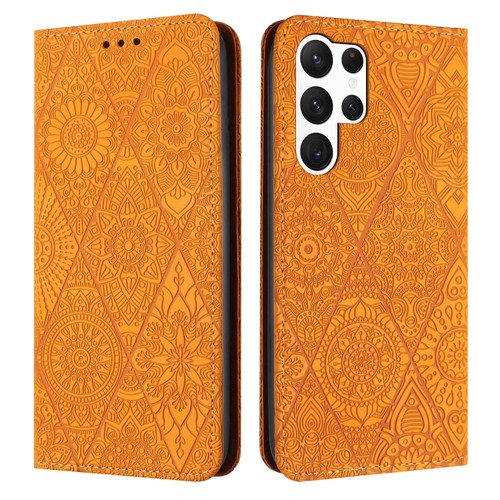 Ethnic Embossed Adsorption Leather Phone Case for Samsung Galaxy S23 Ultra 5G - Yellow