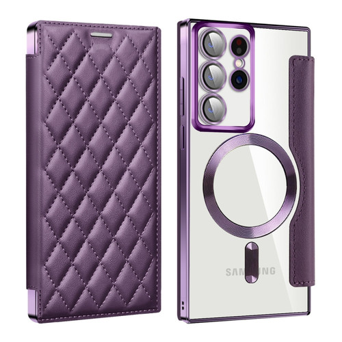 Shield Magsafe RFID Anti-theft Rhombus Leather Phone Case for Samsung Galaxy S23 Ultra 5G - Purple