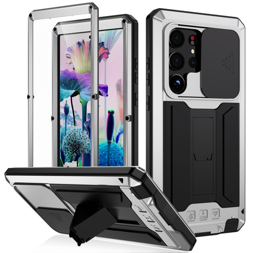 R-JUST Sliding Camera Design Life Waterproof Dustproof Shockproof Phone Case for Samsung Galaxy S23 Ultra 5G - Silver