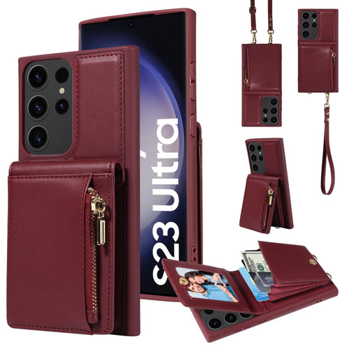 Crossbody Lanyard Zipper Wallet Leather Phone Case for Samsung Galaxy S23 Ultra 5G - Wine Red