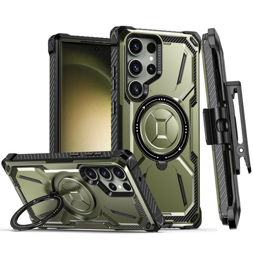 Armor Series MagSafe Magnetic Holder Phone Case with Back Clip for Samsung Galaxy S23 Ultra 5G - Army Green