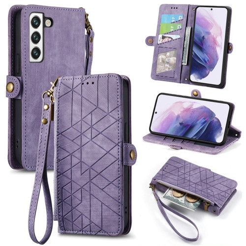 Geometric Zipper Wallet Side Buckle Leather Phone Case for Samsung Galaxy S23 Ultra 5G - Purple