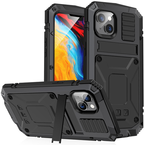 R-JUST Shockproof Waterproof Dust-proof Case with Holder for iPhone 14 - Black