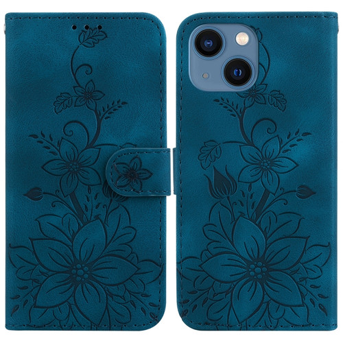 Lily Embossed Leather Phone Case for iPhone 14 - Dark Blue