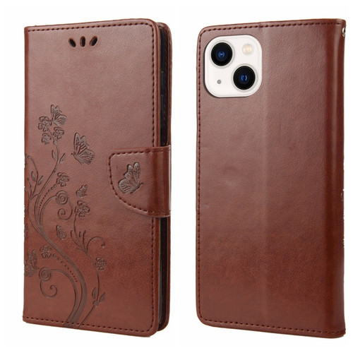 Butterfly Flower Pattern Flip Leather Phone Case for iPhone 14 - Brown