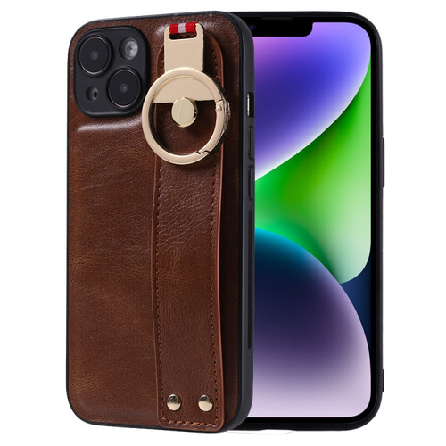 Wristband Leather Back Phone Case for iPhone 14 - Brown