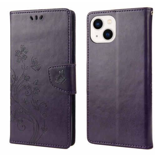 Butterfly Flower Pattern Flip Leather Phone Case for iPhone 14 - Deep Purple