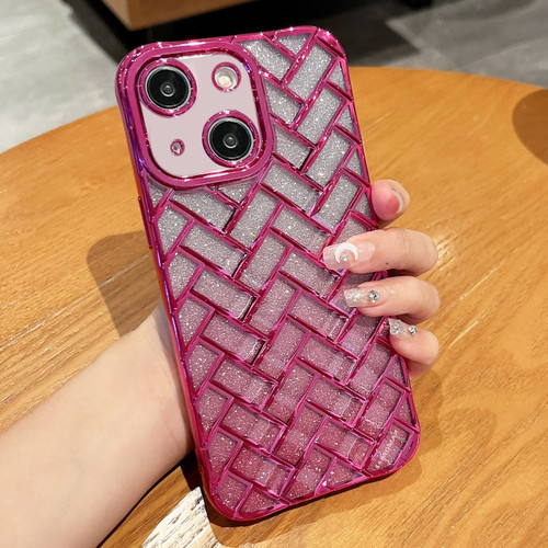 Woven Grid 3D Electroplating Laser Engraving Glitter Paper Phone Case for iPhone 14 - Rose Red