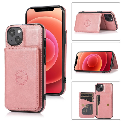 Calf Texture Magnetic Card Bag Case for iPhone 14 - Rose Gold