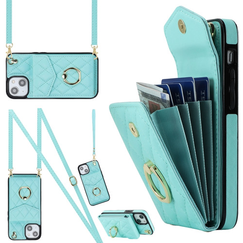 Rhombic Texture Card Bag Phone Case with Long Lanyard for iPhone 14 - Mint Green