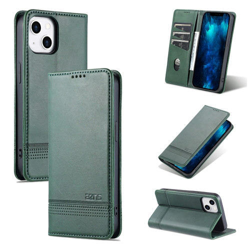 AZNS Magnetic Calf Texture Flip Leather Phone Case for iPhone 14 - Dark Green