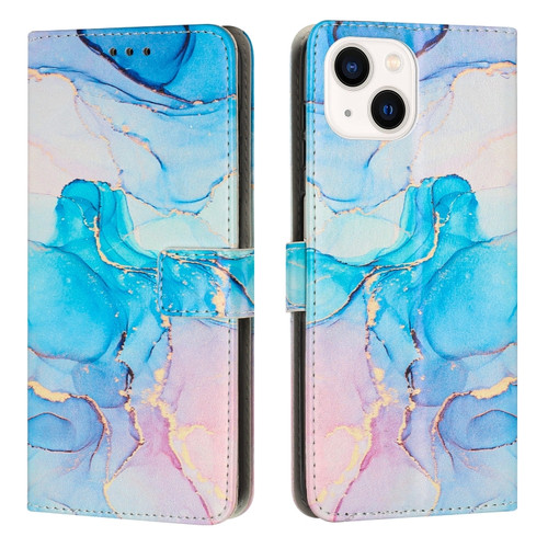 Painted Marble Pattern Leather Phone Case for iPhone 14 - Pink Green