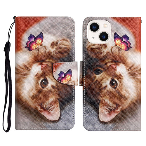 3D Colored Drawing Flip Leather Phone Case for iPhone 14 - Butterfly Cat