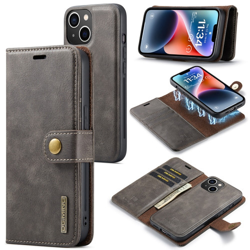DG.MING Crazy Horse Texture Detachable Magnetic Leather Case for iPhone 14 - Grey