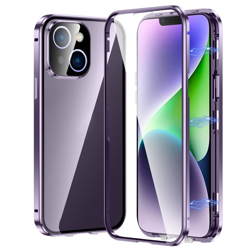 Magnetic Double-buckle HD Tempered Glass Phone Case for iPhone 14 - Purple