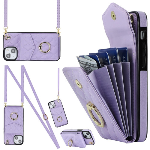 Rhombic Texture Card Bag Phone Case with Long Lanyard for iPhone 14 - Light Purple