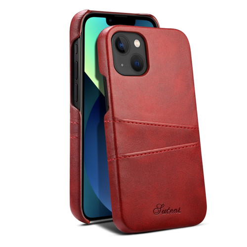 Suteni Calf Texture Card Slots Phone Case for iPhone 14 - Red
