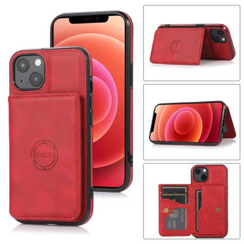 Calf Texture Magnetic Card Bag Case for iPhone 14 - Red