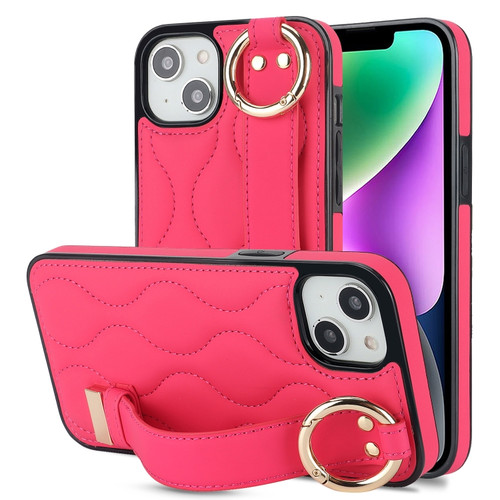 Non-slip Full Coverage Ring PU Phone Case with Wristband for iPhone 14 - Rose Red