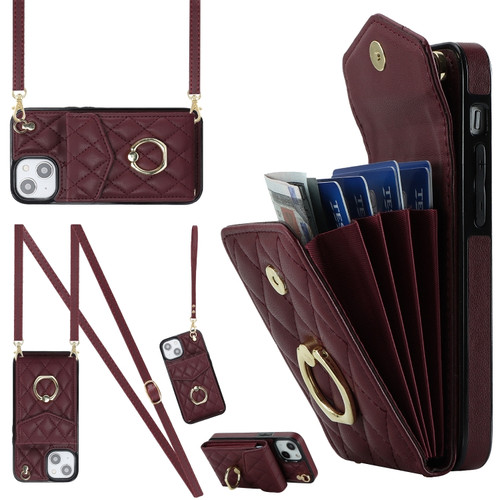 Rhombic Texture Card Bag Phone Case with Long Lanyard for iPhone 14 - Wine Red