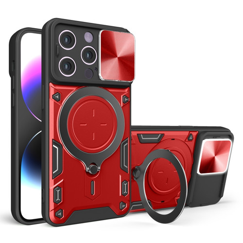 CD Texture Sliding Camshield Magnetic Holder Phone Case for iPhone 14 - Red