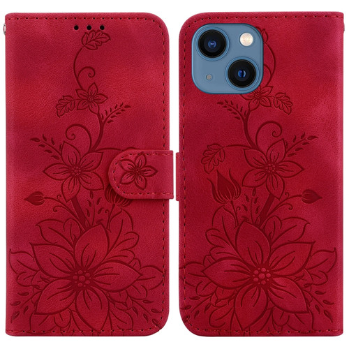 Lily Embossed Leather Phone Case for iPhone 14 - Red