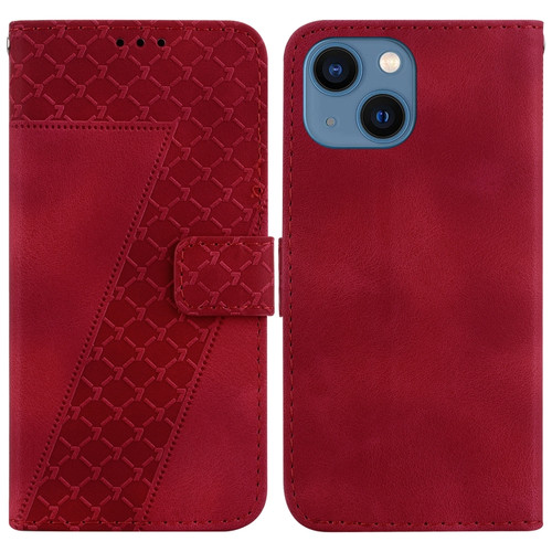 7-shaped Embossed Leather Phone Case for iPhone 14 - Red