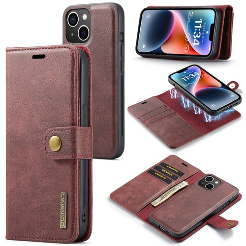 DG.MING Crazy Horse Texture Detachable Magnetic Leather Case for iPhone 14 - Red