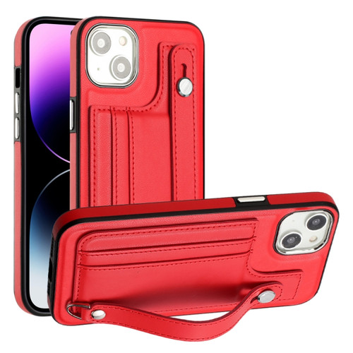 Shockproof Leather Phone Case with Wrist Strap for iPhone 14 - Red