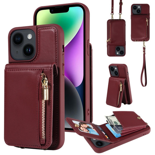 Crossbody Lanyard Zipper Wallet Leather Phone Case for iPhone 14 - Wine Red