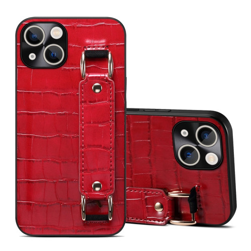 Crocodile Wristband Wallet Leather Back Cover Phone Case for iPhone 14 - Red