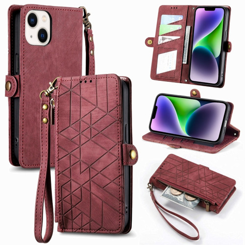 Geometric Zipper Wallet Side Buckle Leather Phone Case for iPhone 14 - Red