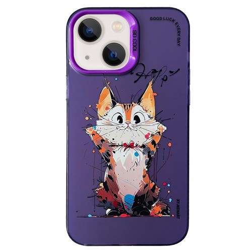 Double Layer Color Silver Series Animal Oil Painting Phone Case for iPhone 14 - Cuddle Cat