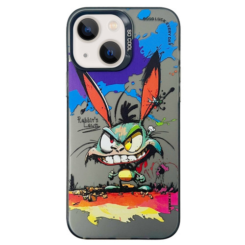 Double Layer Color Silver Series Animal Oil Painting Phone Case for iPhone 14 - Big Eyed Bunny