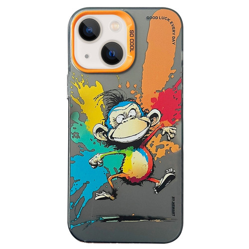 Double Layer Color Silver Series Animal Oil Painting Phone Case for iPhone 14 - Jumping Monkey