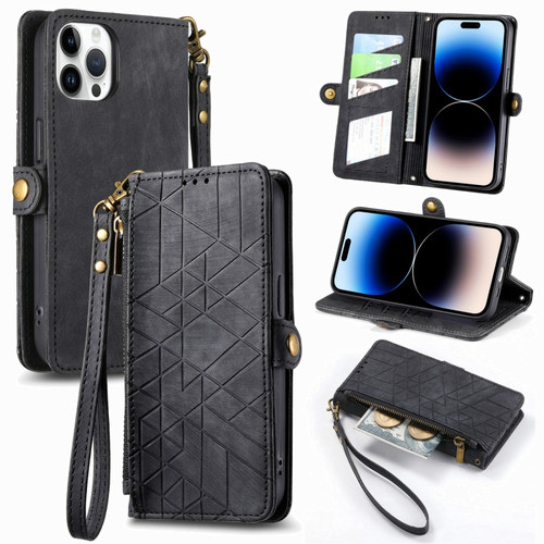 Geometric Zipper Wallet Side Buckle Leather Phone Case for iPhone 14 Pro Max - Black