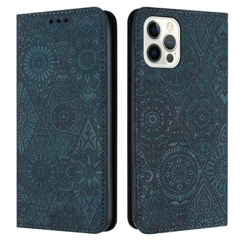 Ethnic Embossed Adsorption Leather Phone Case for iPhone 14 Pro Max - Blue