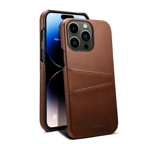 Suteni Calf Texture Card Slots Phone Case for iPhone 14 Pro Max - Brown