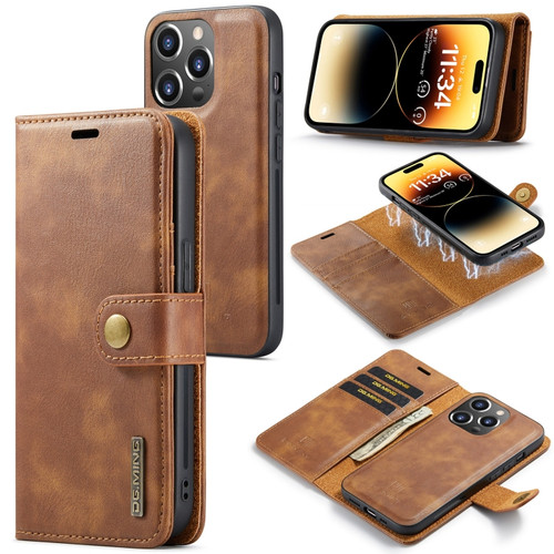 DG.MING Crazy Horse Texture Detachable Magnetic Leather Case for iPhone 14 Pro Max - Brown