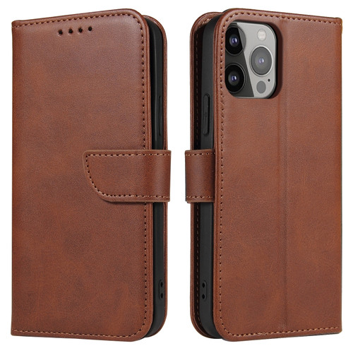 Calf Texture Buckle Flip Leather Phone Case for iPhone 14 Pro Max - Brown