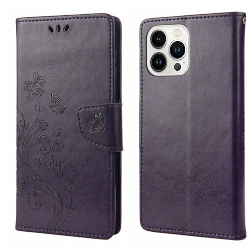 Butterfly Flower Pattern Flip Leather Phone Case for iPhone 14 Pro Max - Deep Purple