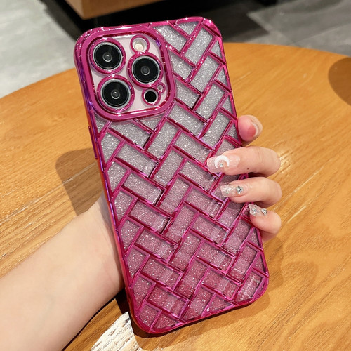 Woven Grid 3D Electroplating Laser Engraving Glitter Paper Phone Case for iPhone 14 Pro Max - Rose Red